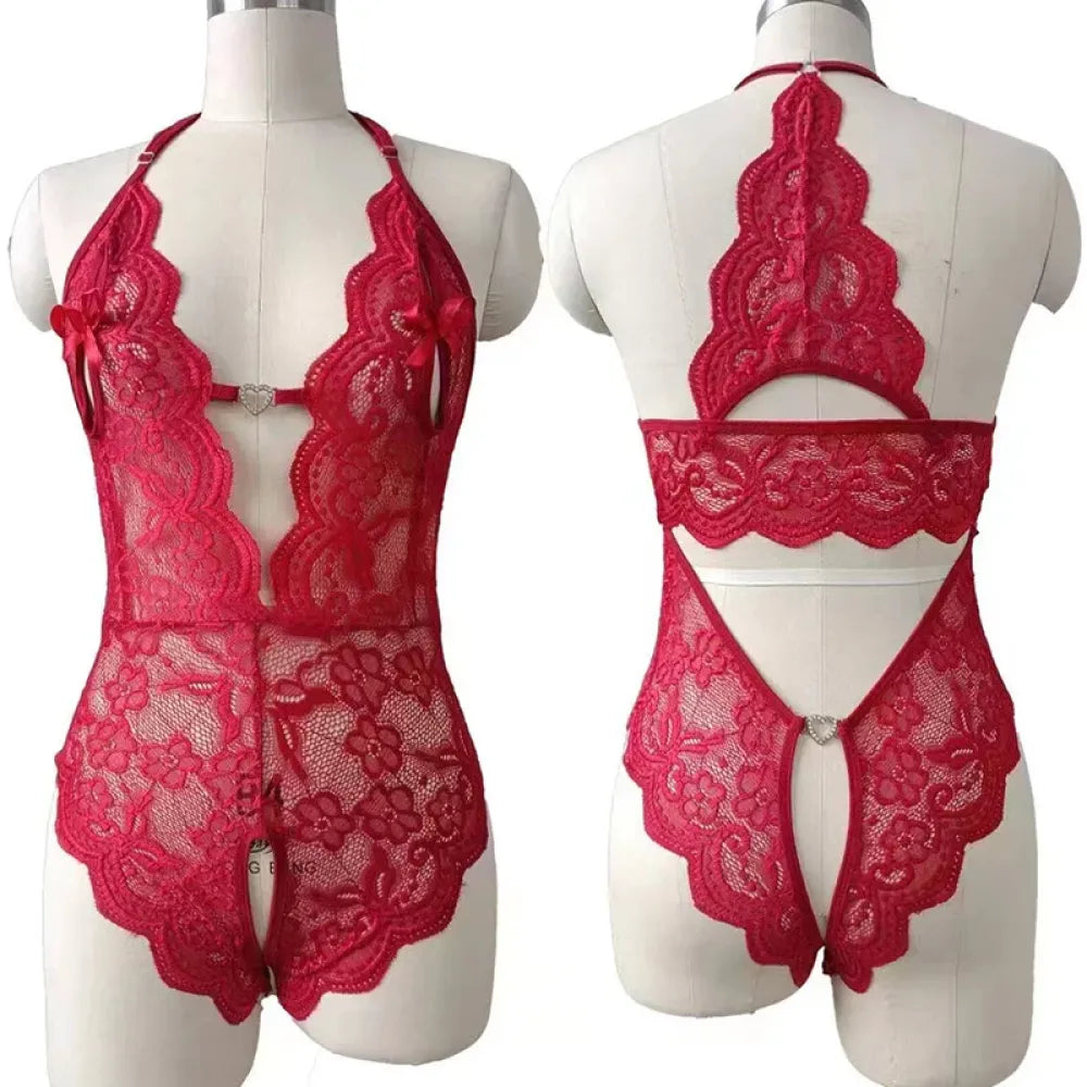 Lace Crotchless Bodysuit Deep V Neck